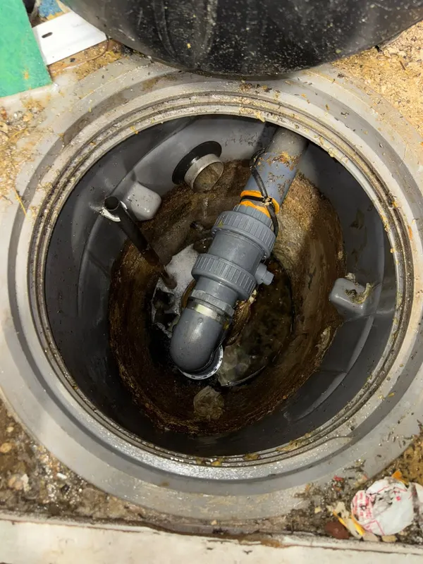 Pompe de relevage dans sa cuve, vue de dessus, avec clapet anti-retour et flotteur